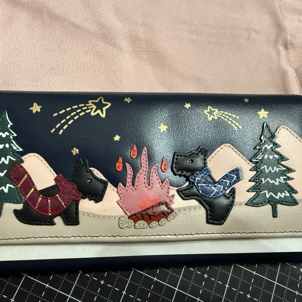 Bradley London Navy and Beige Wallet Scotty Dog and Campfire Winter Design